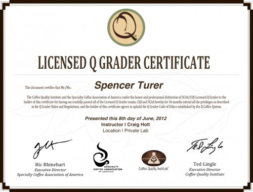 Spencer Turer earns Q-Grader License